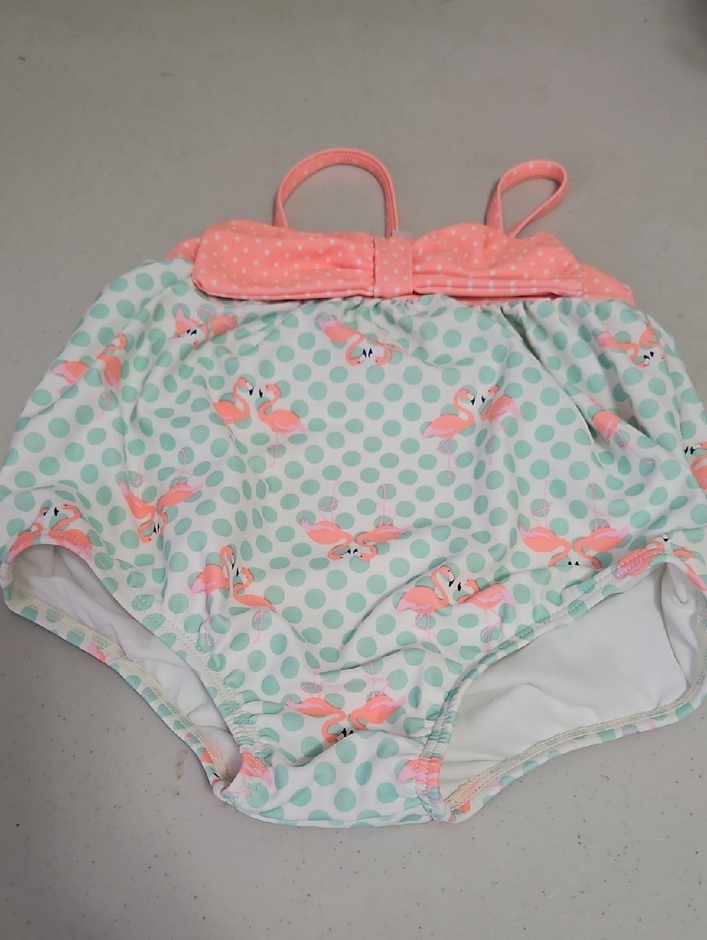 Infants Onepiece Swimsuit White Green Polkadots W Flamingos 6/9 Mo